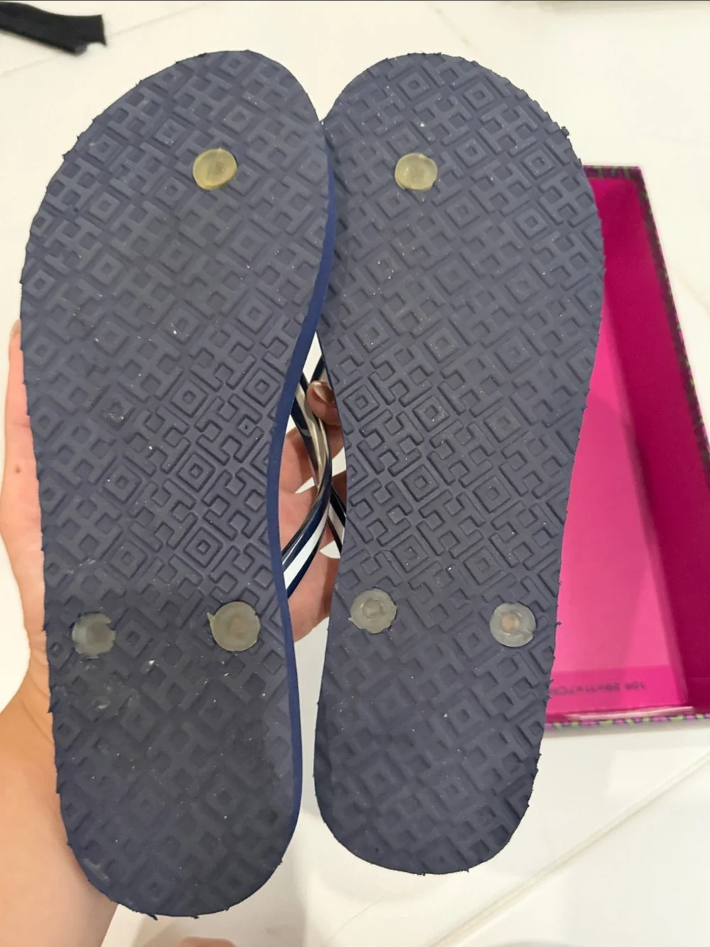 Tory Burch Light Blue Logo Pattern Flip Flop Sandals with Black Straps